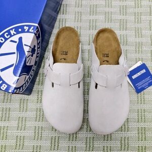 Women's White Suede Birkenstock Boston Shoes - Narrow Fit